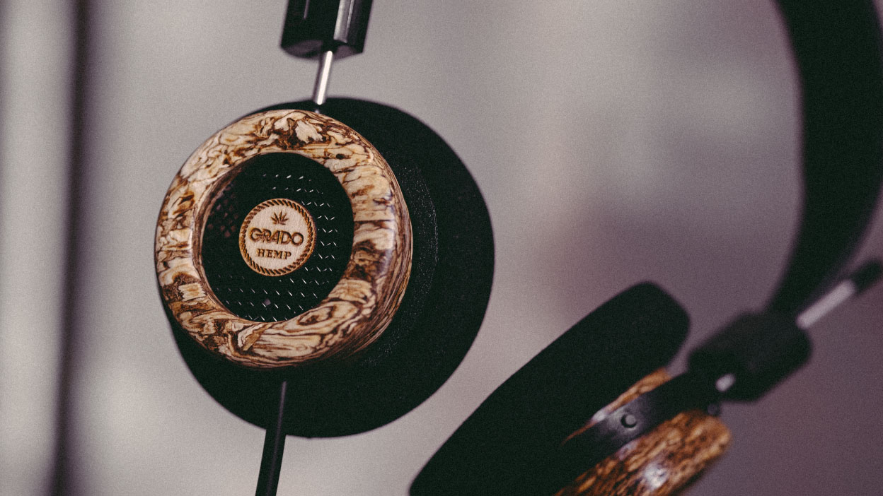 Closeup photo of The Hemp Headphones in front of a blurred background